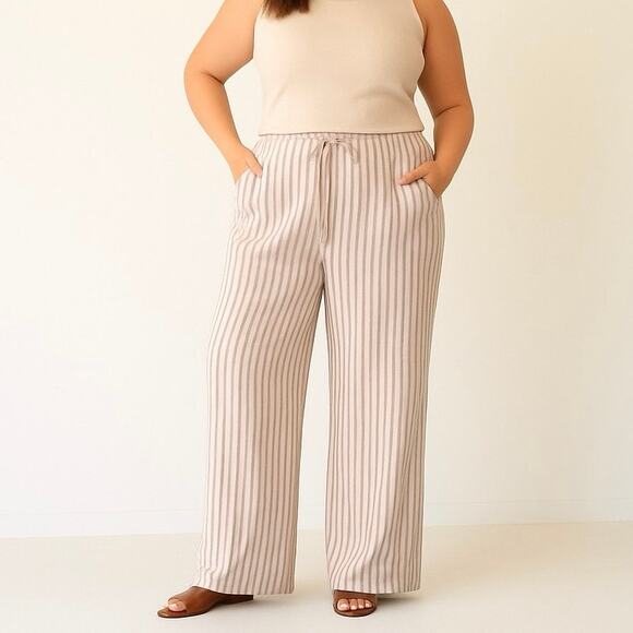 Jessica London Plus 20W Linen Blend Wide Leg Pants Beige Stripe Elastic Waist - Picture 1 of 8